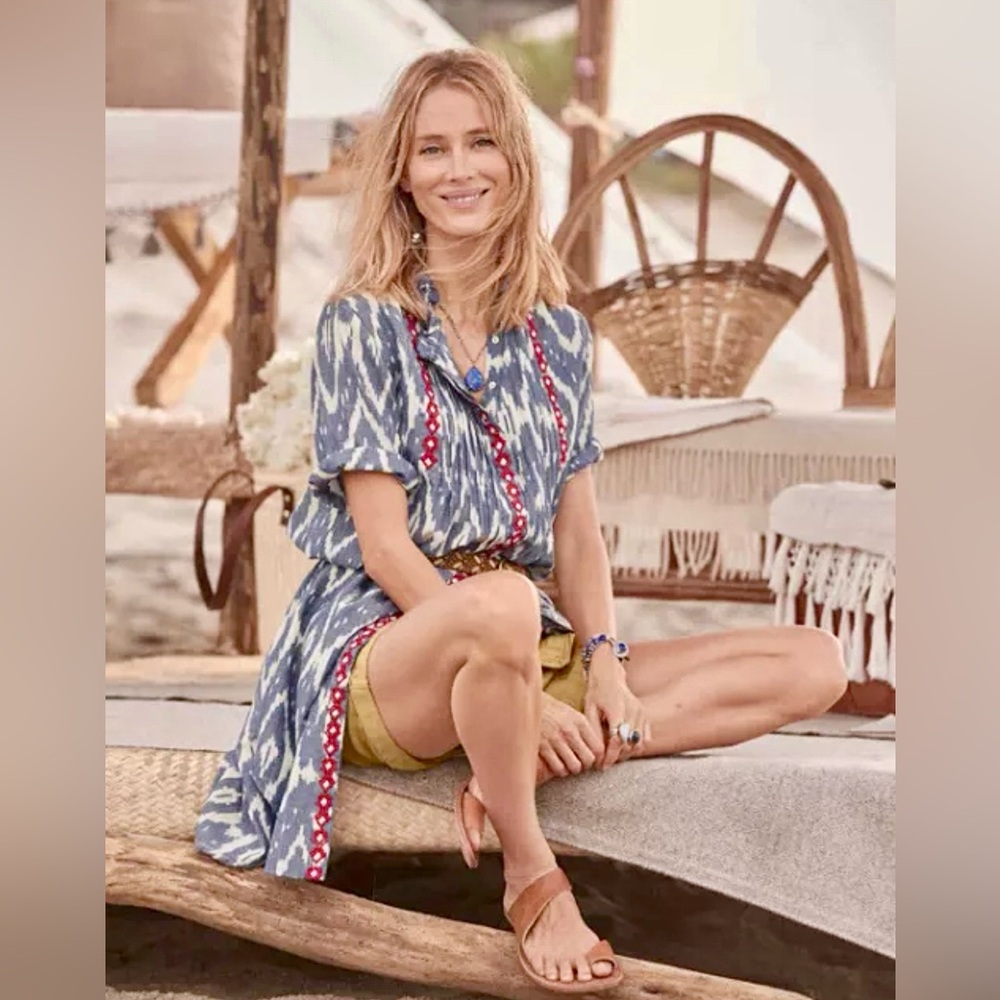 Sundance Isabel Ikat Embroidered Midi Shirt Dress Sz S